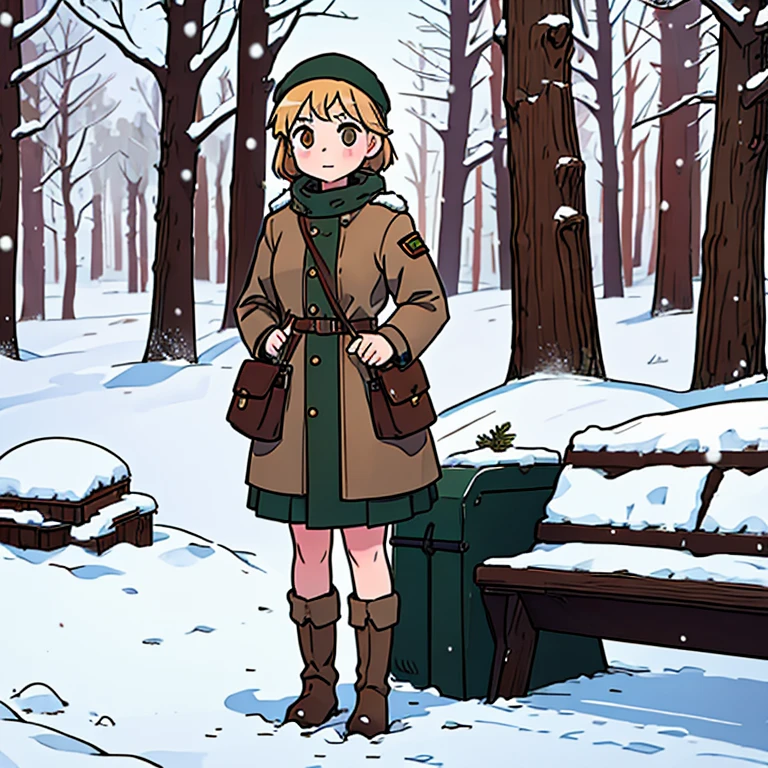 Short young finnish girl, short blonde hair, brown eye, brown cross bag, long winter coat, long skirt, winter boots, british beret hat, large winter forrest, snowing, one person in picture only