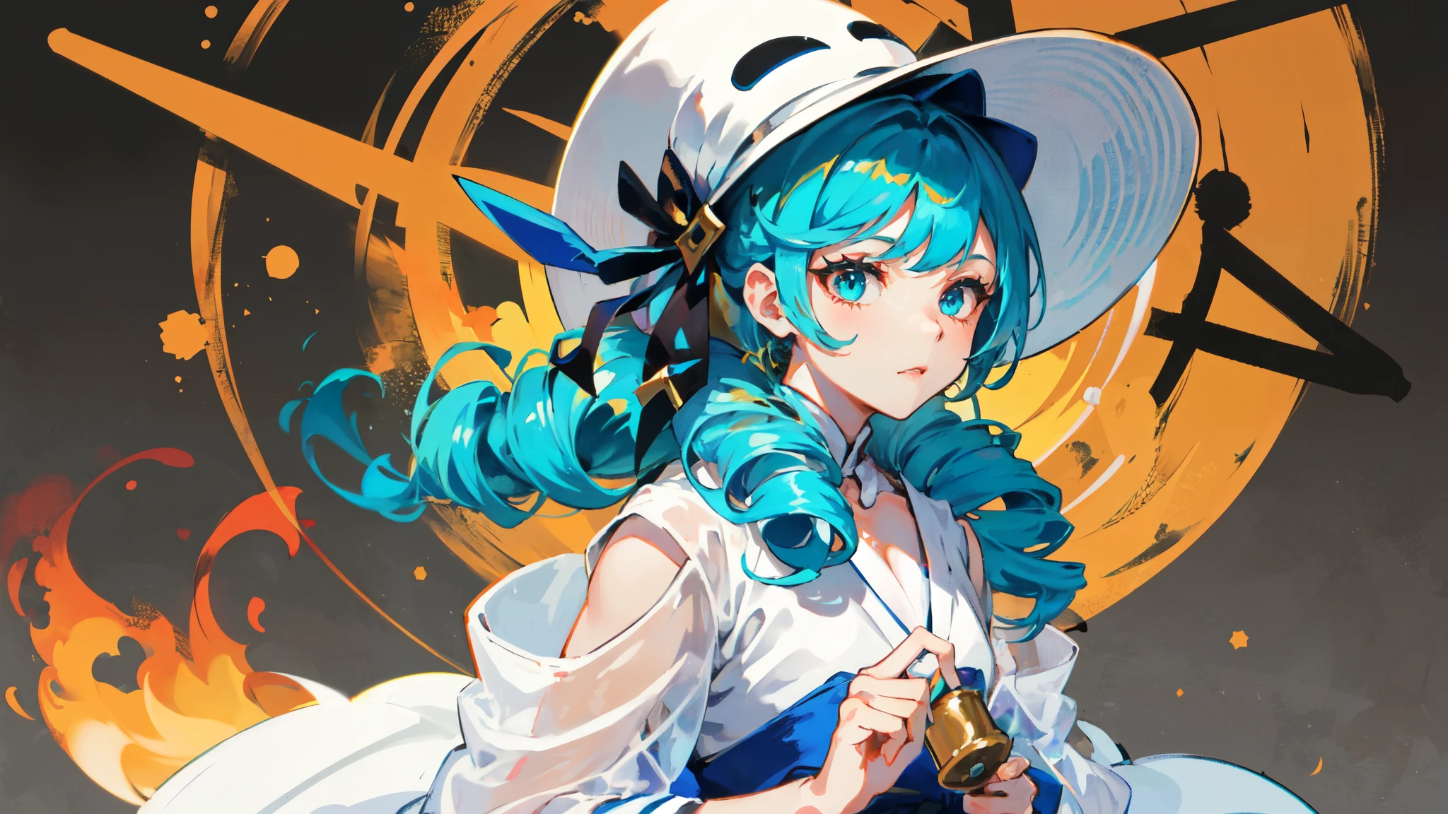 1 girl,solo, masterpiece, best quality,Chinese martial artamboo forest，kaftan，bucket-hat，perfect lighting, Double tail, drill hair, blue hair, blue eyes, Gwen, 