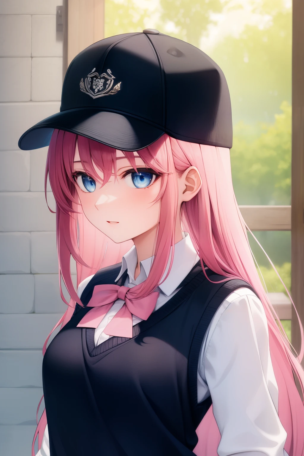  (masterpiece, best quality:1.2), close-up image of, a person with long pink hair, blue eyes, wearing a black snapback hat, with a white long-sleeved sweater and a black knitted vest, a short gray school skirt, ultra detailed, best quality, expressive eyes, perfect face, ultra hight quality, ultra detail , pink ribbon, he is 17 years old, breasts a little