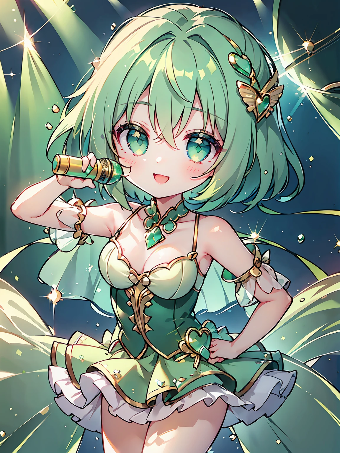 masterpiece, highest quality,excellent anatomy、1 girl, short hair, , light green hair、eyes are emerald green、idol type、cute lime green dress、Heart-shaped shining eyes、a smile that charms you、(hold the microphone with both hands).