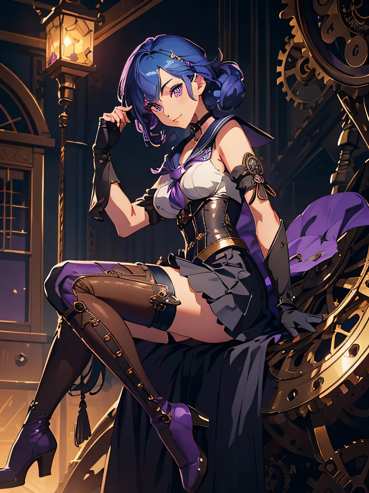 masterpiece, high quality, illustration, extremely detailed, steampunk town, wearing on street, 1_women, (bright blue hair), medium length hair, cute bangs, flowing hair, (exotic skin_complexion:1.4),mature, tall, beautiful, exotic, elegant, slim, (((sailor collar))), black thigh highs, choker, medium bust, (brown steampunk corset), black Lolita style skirt, knee high brown boots with laces, black elegant elbow gloves, diamond shaped eyes, (((purple eyes))), dark_eyeliner, long_eyelashes), natural dynamic lighting, smiling, happy, steampunk,