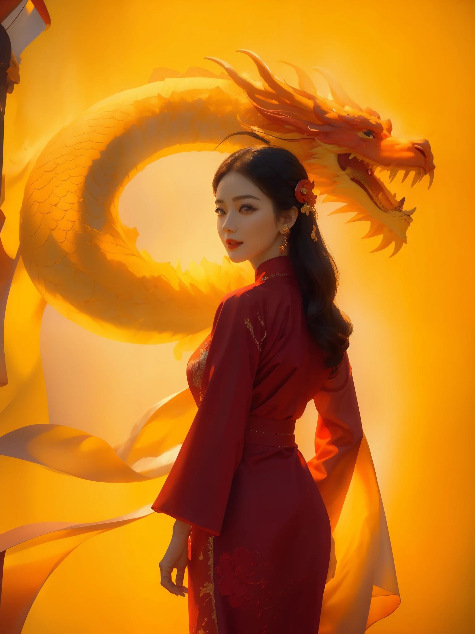 uma mulher com um vestido AO DAI com um DRAGÃO vermelho ATRÁS, roupas tradicionais vietnamitas, como um pôster , realista , Super Detalhe, (melhor qualidade,4K,8K,alta resolução,obra de arte:1.2),Ultra-detalhado,(realista,photorealista,photo-realista:1.37),fundo vermelho e profissionalismo, o contraste entre o fundo amarelo e o logotipo vermelho cria uma composição visualmente cativante, o pano de fundo amarelo simboliza calor, positividade, e energia, enquanto o logotipo vermelho representa poder, paixão, e criatividade, a cor vibrante do logotipo se destaca no fundo amarelo, criando um impacto visual dinâmico, o equilíbrio perfeito entre as duas cores atrai o espectador e deixa uma impressão duradoura, A iluminação é suave e uniforme, iluminando o 