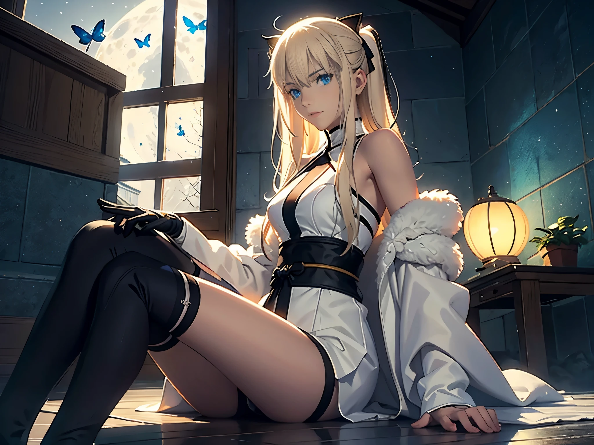 A Mature Western Girl , Long Blond Hair, Straight Hairstyle , Orange Eyes, Very Detailed Face, Very Detailed Eyes , White Fur Coat, White Kimono with black strip border, Exposed Shoulder, Blue Butterfly, Black Belt, Blue Ribbon Tail, Black Gloves, Black Stocking, Holding Japanese Latern , Sitting, Sexy Pose, Open Bath House, Snow fall, Winter Season , Full Moon , Hotel , Northern Land, Night time, Best quality, masterpiece, High Res ,3D, HDR (High Dynamic Range),Ray Tracing, NVIDIA RTX, Super-Resolution, Unreal 5,Subsurface scattering, PBR Texturing, Post-processing, Anisotropic Filtering, Depth-of-field, Maximum clarity and sharpness, Multi-layered textures, HDR, 8k 