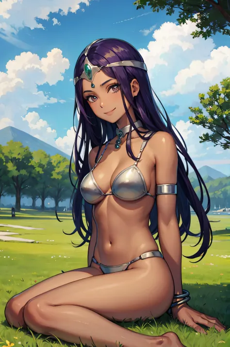masterpiece, best quality, Decmania, circus, collar, bracelet, armlets, bikini, Ren Baolin, , Smile, looking at the audience, Place, sky sky, cloud, grassland, eternal，Tanned, sitting, barefoot