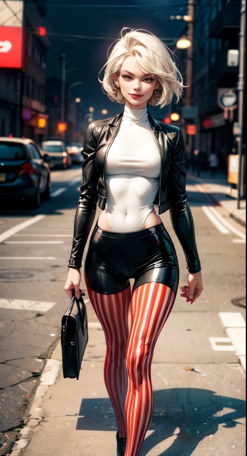 female, body tight shirt, turtleneck, open jacket with long sleeves, body tight shorts, pale skin, (shadowed eyes, darkened eyes), (smirk, mischevious grin), (short-medium hair, platinum blonde hair, classy haircut), ((red stripped tights with black lines)), earrings, hands behind back, solo, 1girl, walking down the street