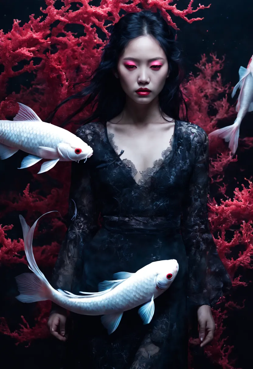 photo RAW, (Black, dark red and neon pink : Portrait of 2 ghostly long tailed white koi, woman, shiny aura, highly detailed, red...