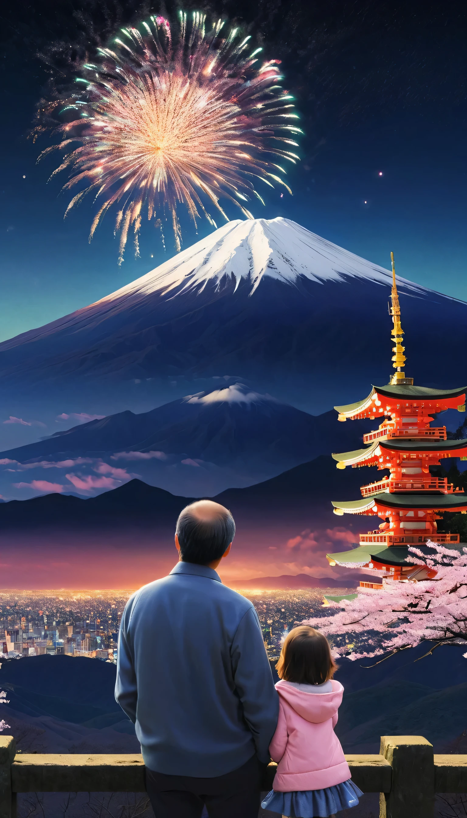 父親と幼い娘, 日本の夜空で花火を楽しむ, 富士山が背景, 新年イベント, 隠し撮り写真, 幸せな瞬間, 最高品質, 16k, 超リアル, 写実的な, リアリズム, 肖像画, 新年のお祝い, 背後から, aw0k陶酔スタイル,