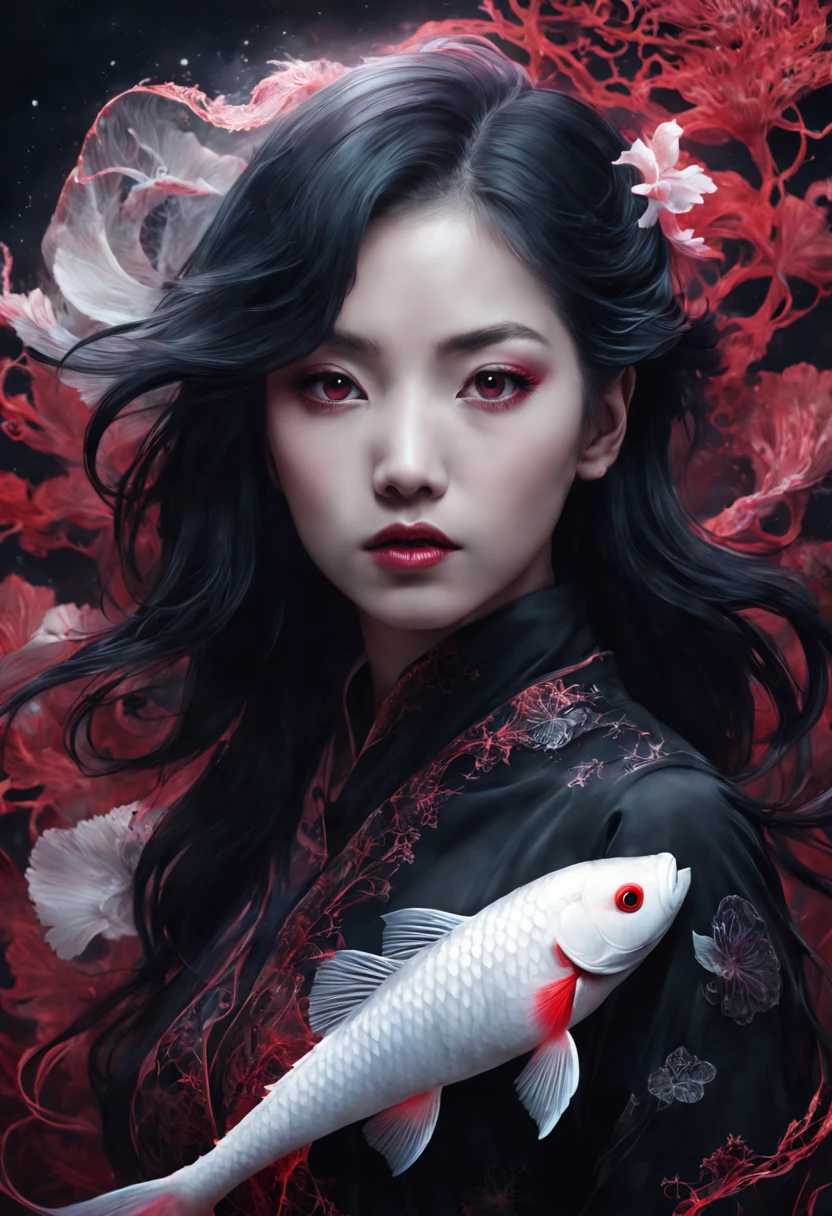 photo RAW, (Black, dark red and neon pink : Portrait of 2 ghostly long tailed white koi, woman, shiny aura, highly detailed, red filigree, intricate motifs, organic tracery, Januz Miralles, Hikari Shimoda, glowing stardust by W. Zelmer, perfect composition, smooth, sharp focus, sparkling particles, lively coral reef background Realistic, realism, hd, 35mm photograph, 8k), masterpiece, award winning photography, natural light, perfect composition, high detail, hyper realistic
inspiration by Greg Rutkowski, Craig Davison, Jenny Saville, Bernie Wrightson, Frank Frazetta