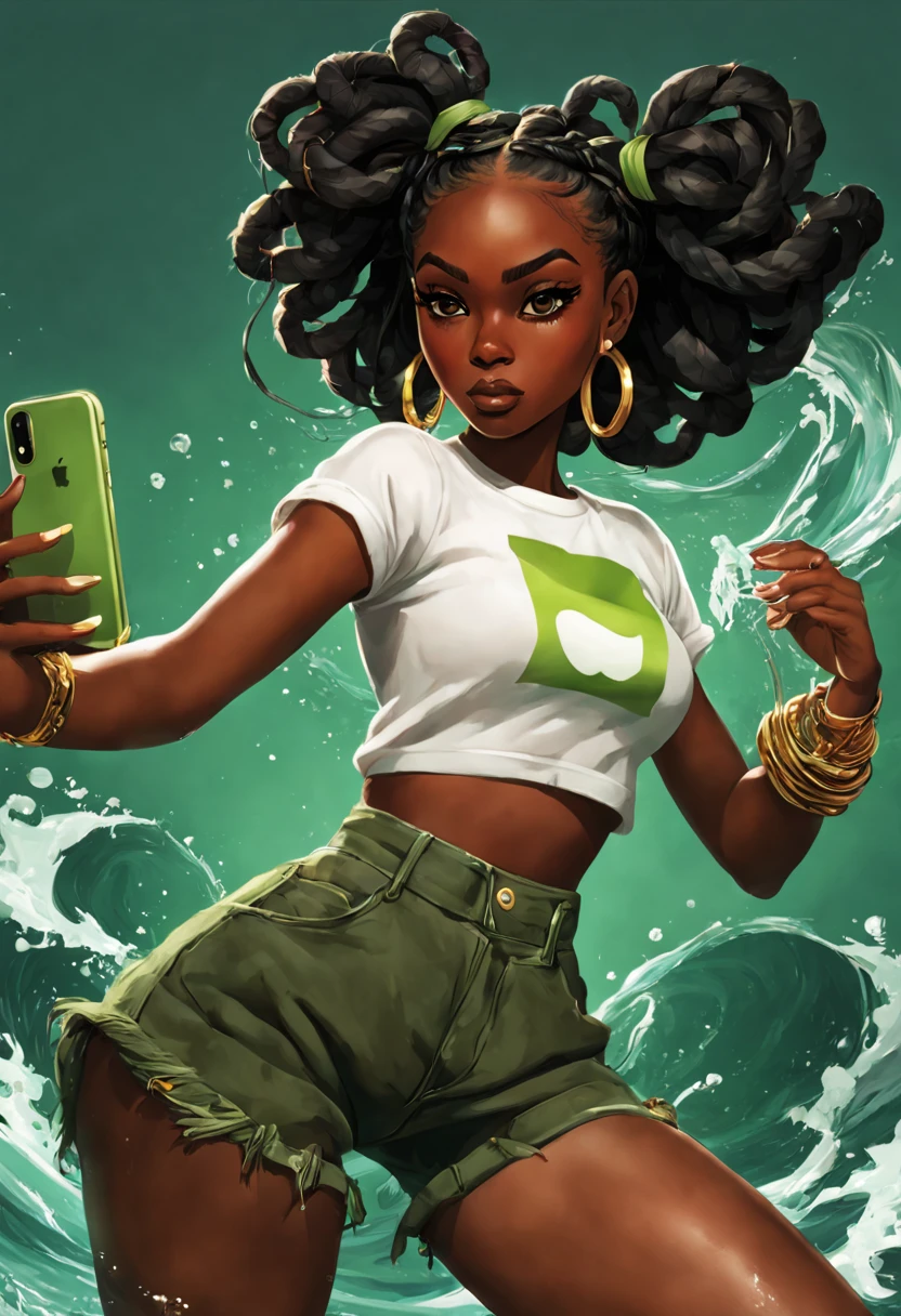 A digital artwork of a woman with dark skin, and voluminous black waist length braids, taking a selfie with a green iPhone smartphone. She’s emerging from the top of iPhone smartphone, creating a dynamic splash effect around her as if she’s part of the water. She’s wearing a white cropped t-shirt with the word ‘FIERCE’ emblazoned across the front, denim shorts, gold hoop earrings, and multiple gold bangles on her wrists.
inspiration by Greg Rutkowski, Craig Davison, Jenny Saville, Bernie Wrightson, Frank Frazetta



