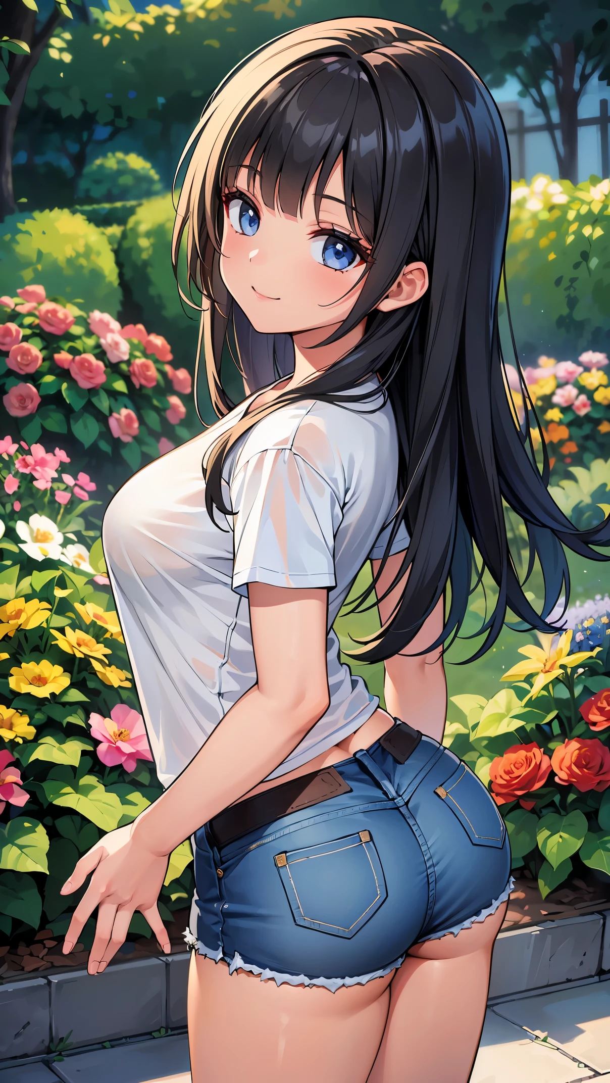 Anime girl in short shorts and a white shirt standing in front of flowers -  SeaArt AI