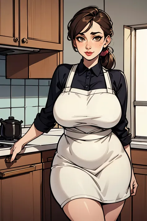 ((best quality)), ((perfect face)), ((adult woman)), ((housewife)), ((milf)), brown hair, hair tied in a low side ponytail, ligh...