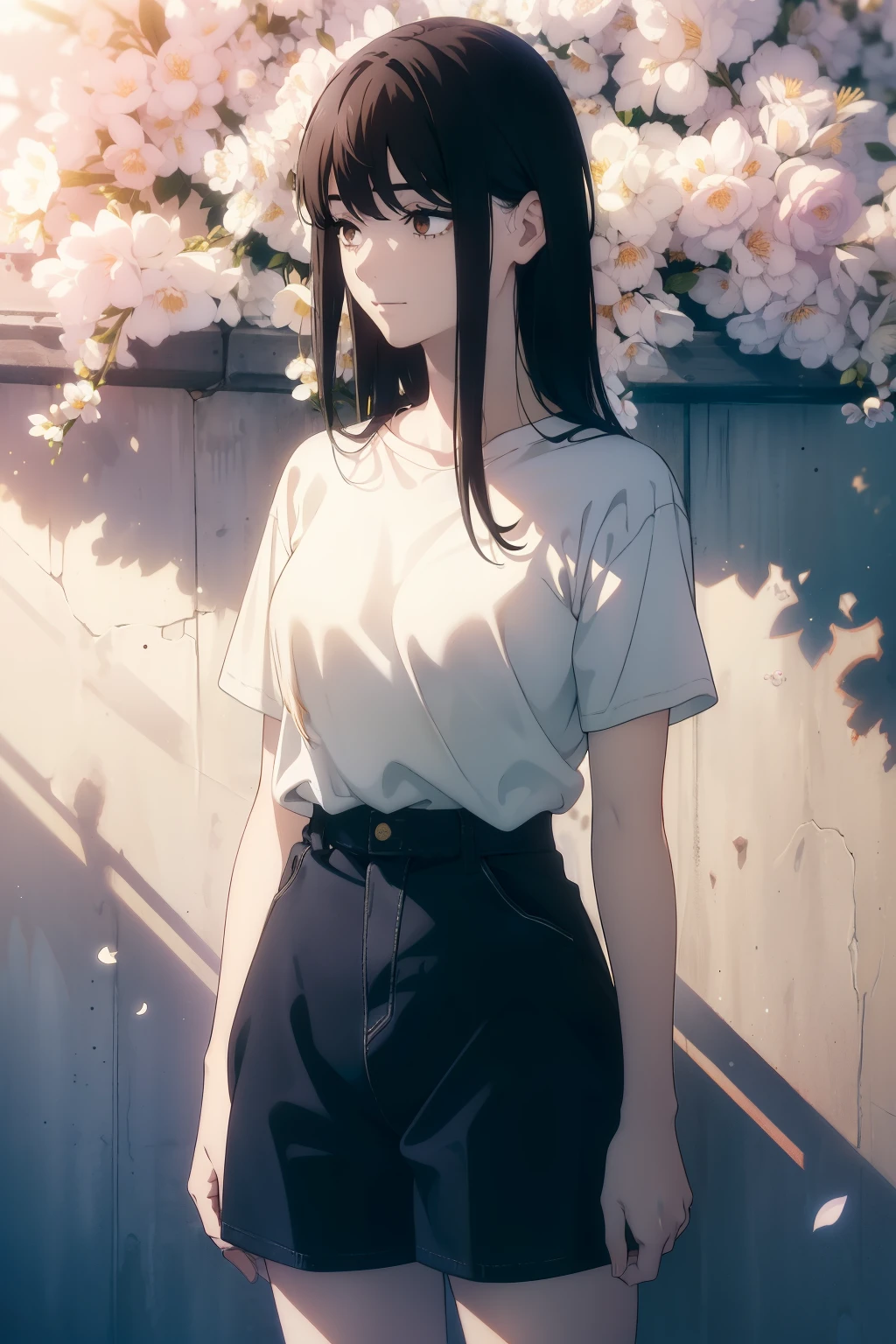 ((((Obra maestra, La mejor calidad, ultrahigh resolution)))), 1girl, standing, (baggy white t-shirt, loose fitting blue shorts, back hair, dark black hair over eye)), long hair cut, pale skin, ((brown eyes)), glowing_eyes, neon eyes, (ultra detailed eyes:0.7, beautiful and detailed face, detailed eyes:0.9), ((centered)), smile, ((wide shot)), facing viewer, (((vibrant background of outside, flowers, bright lighting, summer, sunlight))), flat chested, ((looking at viewer)), ((half closed eyes)), ((perfect hands)), ((head:1, hips, elbows, arms, in view)), ((hands behind back)), empty eyes, beautiful lighting, defined subject, 25 years old, ((cool looking)), ((from above, wide shot))