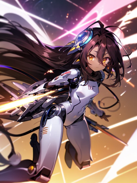 Masterpiece, Top quality, high resolution, highres, 8k, best quality, HD, child, 1 male, shota, cute, innocent, ((dark skin)), orange eyes, otokonoko, dark brown hair long hair in a side-swept style smooth, wearing an a white fullbody bodysuit, exosuit armour parts, armoured exosuit armour waist attachment, gauntlets, cute artstyle, stand still, close up, (Shuvi), (deus ex machina race), (no game no life), thicc thighs, wide waist, Infinite stratos mecha Mode