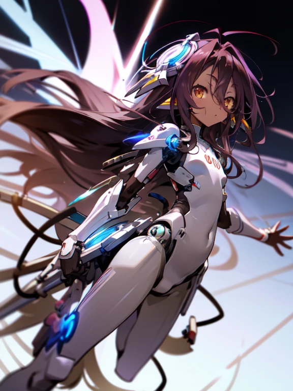 Masterpiece, Top quality, high resolution, highres, 8k, best quality, HD, child, 1 male, shota, cute, innocent, ((dark skin)), orange eyes, otokonoko, dark brown hair long hair in a side-swept style smooth, wearing an a white fullbody bodysuit, exosuit armour parts, armoured exosuit armour waist attachment, gauntlets, cute artstyle, stand still, close up, (Shuvi), (deus ex machina race), (no game no life), thicc thighs, wide waist, Infinite stratos mecha Mode