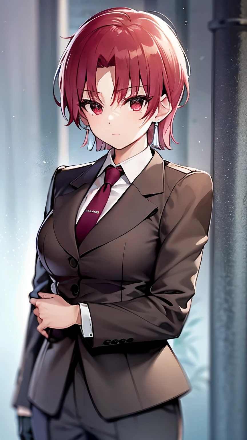 (masterpiece, best quality:1.2), bazett, fgo, 1girl, solo, short hair, red hair, bangs, red eyes, mole under eye, large breasts, black gloves, formal suit, necktie, jacket, upper body, earrings, 