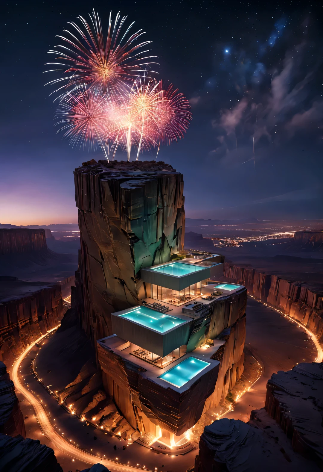 The design of desert canyon cliff holiday wild luxury building flying in the sky, and the natural environment are in harmony and symbiosis, desert canyon night, aurora, stars. Lots of fireworks.,by John Pawson,by Rem Koolhaas,moonlight,aerial view, perspective, top-view,  extremely detailed, best quality, masterpiece, high resolution, Hyperrealistic, 8K, top-view,  high angle view,  