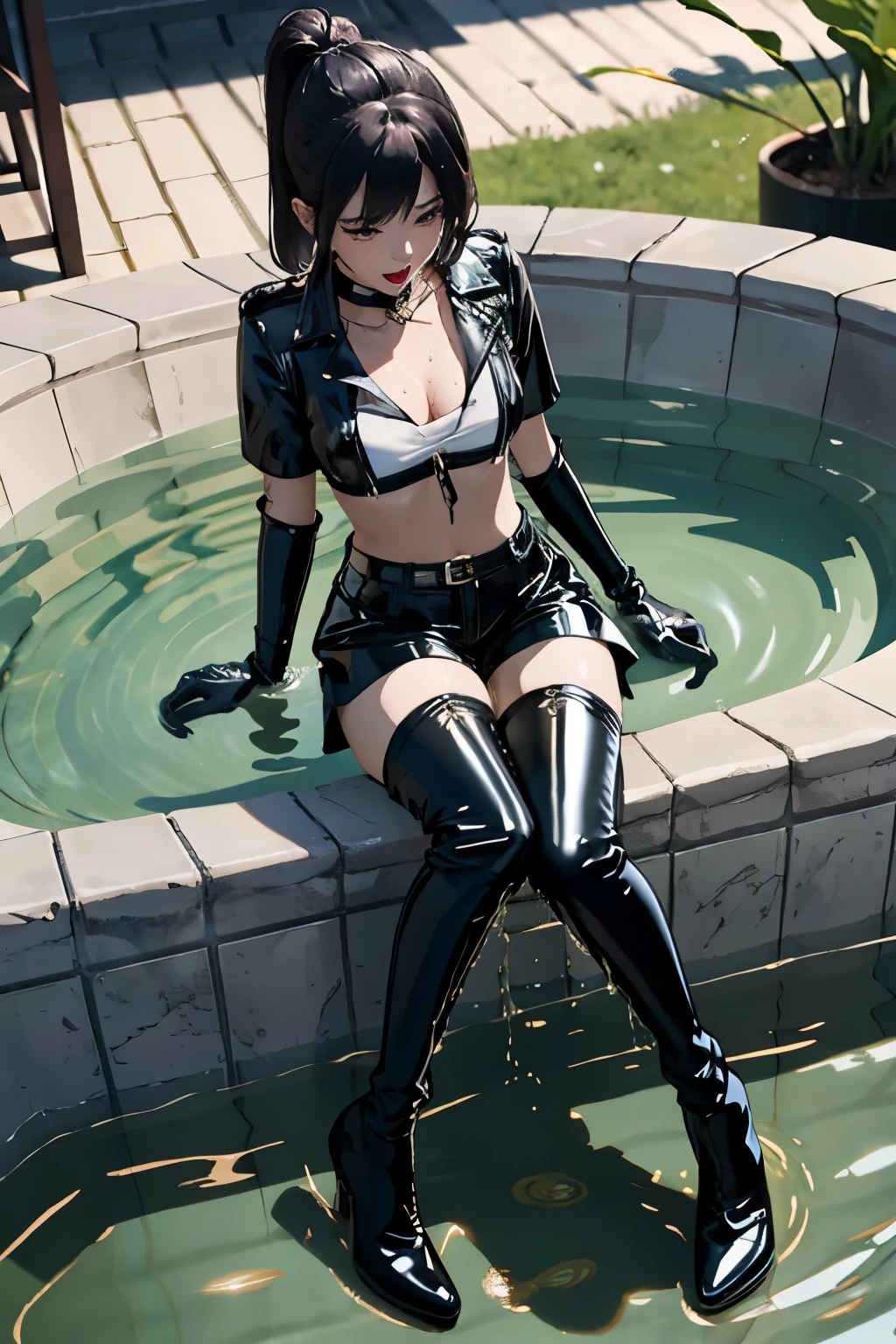 highres, beautiful women, high detail, good lighting, lewd, hentai, (((latex shorts))), (((black latex thigh high boots))), latex top, bare midriff, (bare thighs), (black latex gloves), leather choker, wet shorts, (((wetting herself))), (((peeing herself))), (((peeing self))), (pee streaming down legs), peeing stain, (puddle), (thick thighs), nice long legs, lipstick, detailed face, pretty face, seductive face, sexually aroused, sexually excited, (full body shot), ((in water bathing)), hihelz