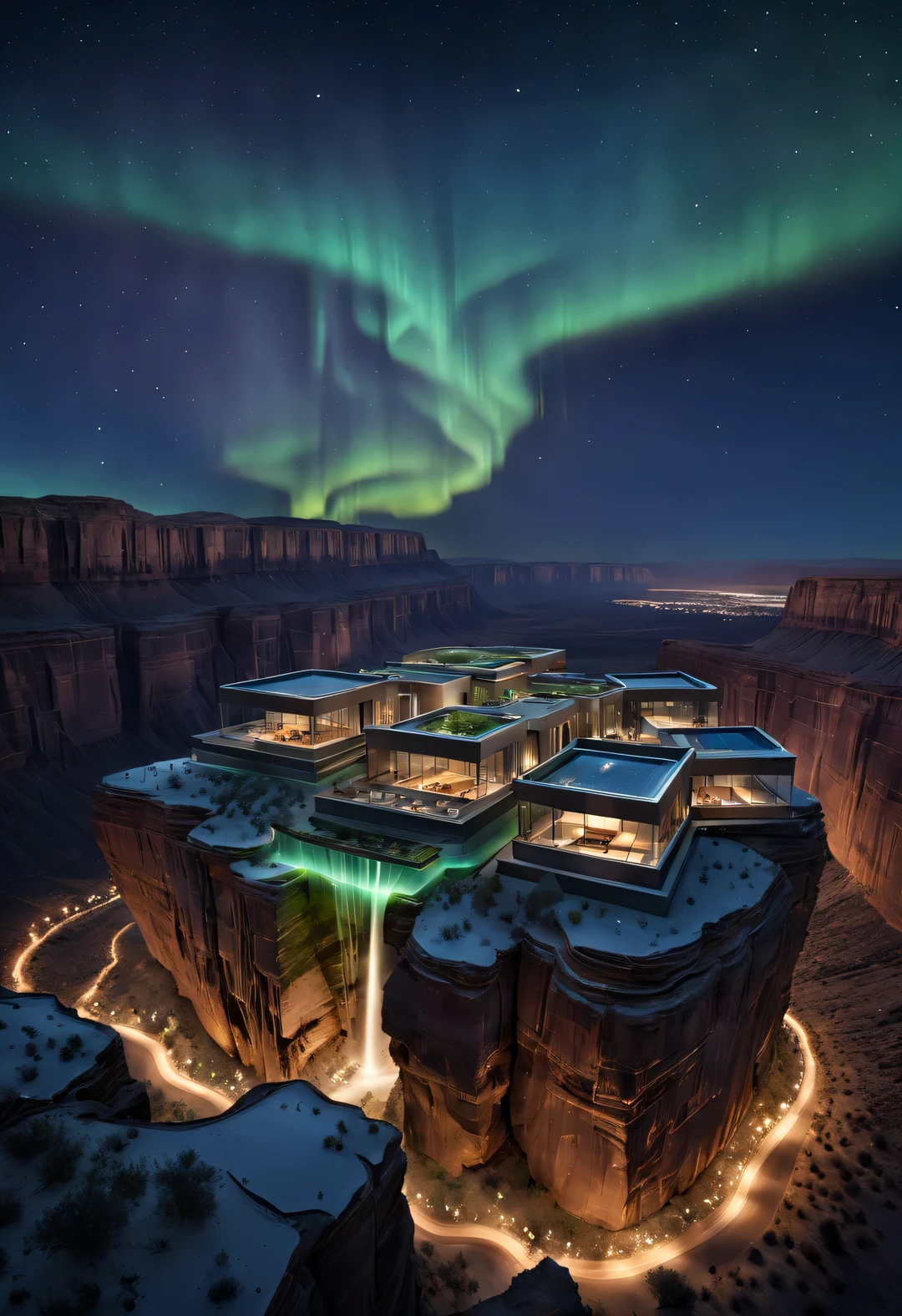 Desert Canyon Cliff Holiday The design of wild luxury buildings flying in the sky, blending with the natural environment and symbiosis, desert canyon night, (aurora), stars, sky aurora blooming,by John Pawson,by Rem Koolhaas,moonlight,aerial view, perspective, top-view,  extremely detailed, best quality, masterpiece, high resolution, Hyperrealistic, 8K, top-view,  high angle view,  