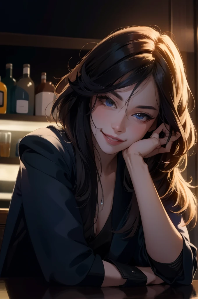 portrait photo of elexissinclaire wearing esjacket at a nightclub sitting at bar, wicked smile, (masterpiece) (best quality) (detailed) (8k) (HDR) (wallpaper) (cinematic lighting) (sharp focus) (intricate)