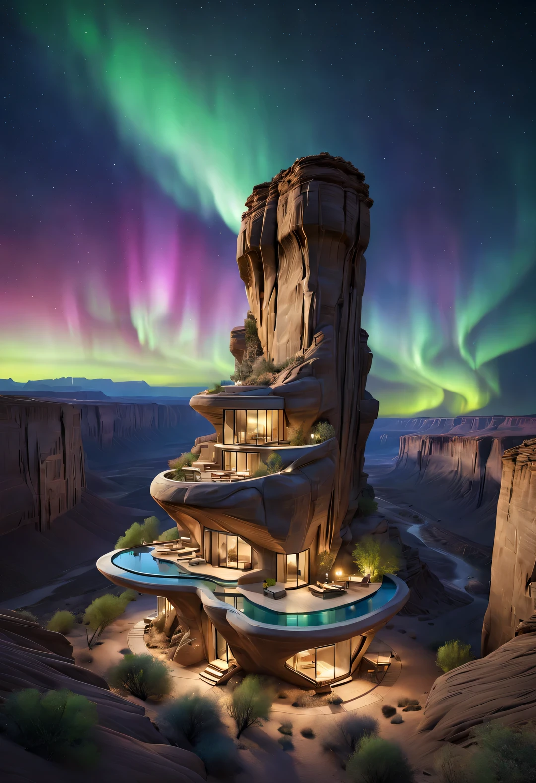 Desert Canyon Cliff Vacation Wild Luxury Alien Building Flying Design, Blending with Natural Environment, Desert Canyon Night, (Aurora), Stars, Sky Color
Aurora blooms,,by John Pawson,moonlight,extremely detailed, best quality, masterpiece, high resolution, Hyperrealistic, 8K, top-view,  high angle view,  low angle view,  