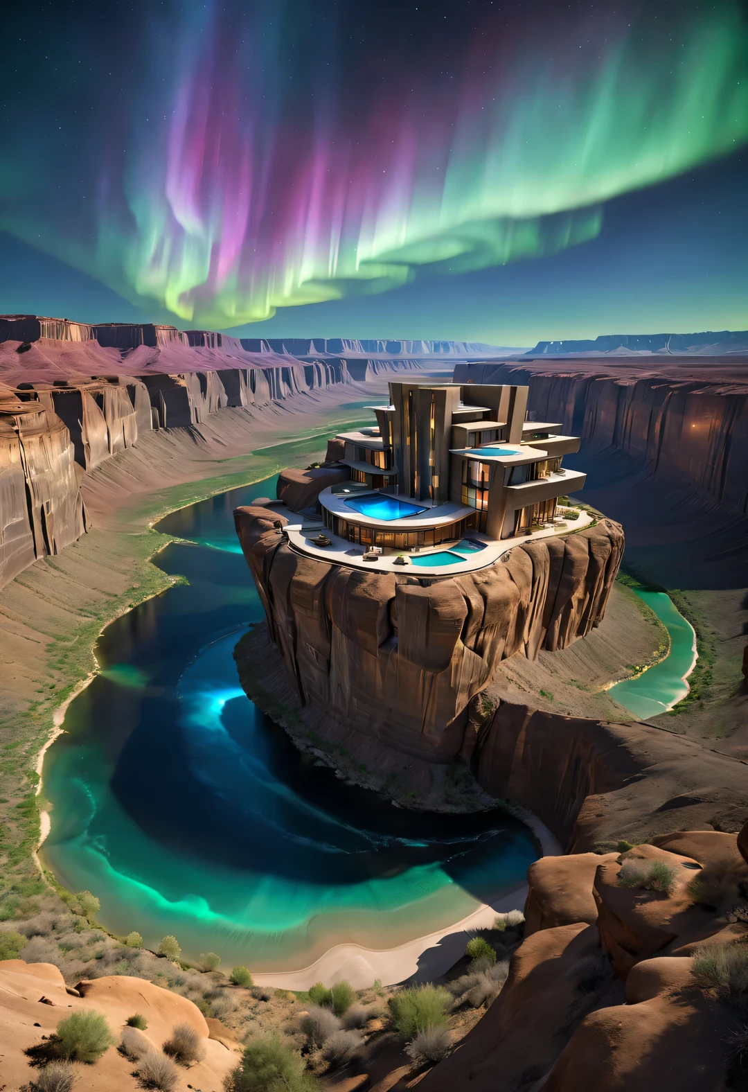 Desert Canyon Cliff Vacation Wild Luxury Alien Building Flying Design, Blending with Natural Environment, Desert Canyon Night, (Aurora), Stars, Sky Color
Aurora blooms,,by John Pawson,moonlight,extremely detailed, best quality, masterpiece, high resolution, Hyperrealistic, 8K, top-view,  high angle view,  low angle view,  