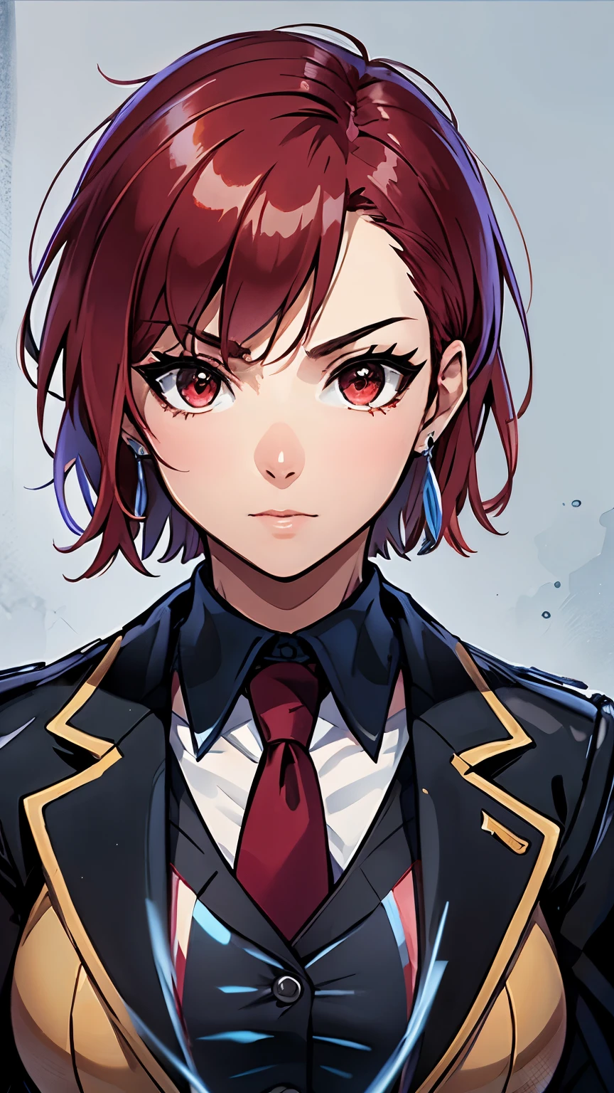 (masterpiece, best quality:1.2), bazett, fgo, 1girl, solo, short hair, red hair, bangs, red eyes,  large breasts, black gloves, formal suit, necktie, jacket, upper body, earrings, 