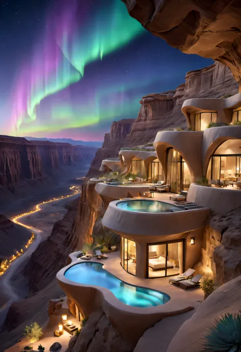 The design of the desert canyon cliff resort wild luxury special-shaped hotel is flying in the sky, the steep and towering deser...