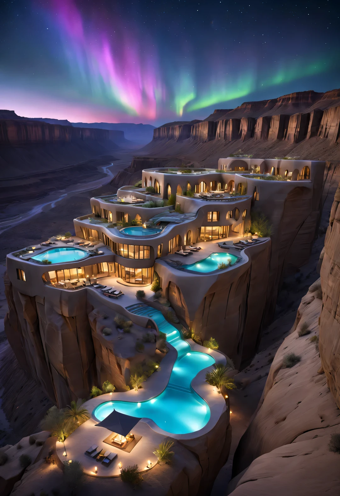 The design of the desert canyon cliff resort wild luxury special-shaped hotel is flying in the sky, the steep and towering desert canyon is asymmetrical.
Symbiosis with the natural environment, desert canyon night, (aurora), stars, sky color
Aurora blooms,,by John Pawson,moonlight,extremely detailed, best quality, masterpiece, high resolution, Hyperrealistic, 8K, top-view,  high angle view,  low angle view,  