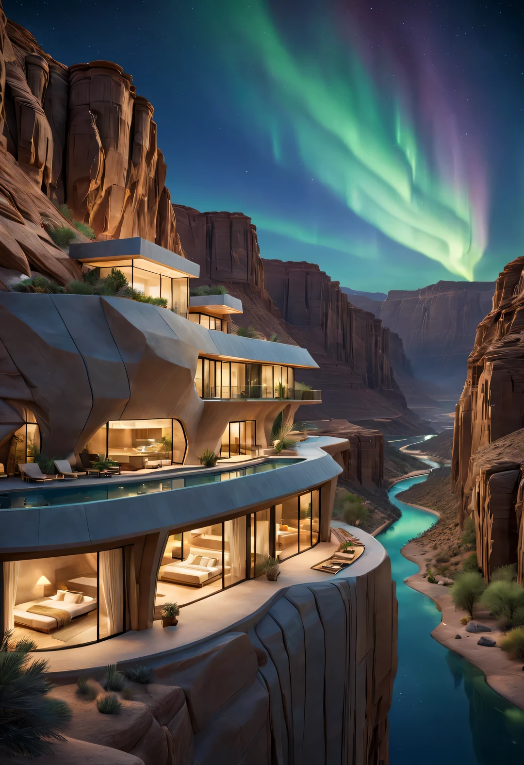 Towering desert canyon cliff resort wild luxury alien hotel volley design, steep and towering desert canyon, asymmetrical
and natural environment, desert canyon night, (aurora), stars, sky aurora bloom,,moonlight,extremely detailed, best quality, masterpiece, high resolution, Hyperrealistic, 8K, top-view,  high angle view,  low angle view,  by Oscar Niemeyer,by Frank Gehry,by Santiago Calatrava,