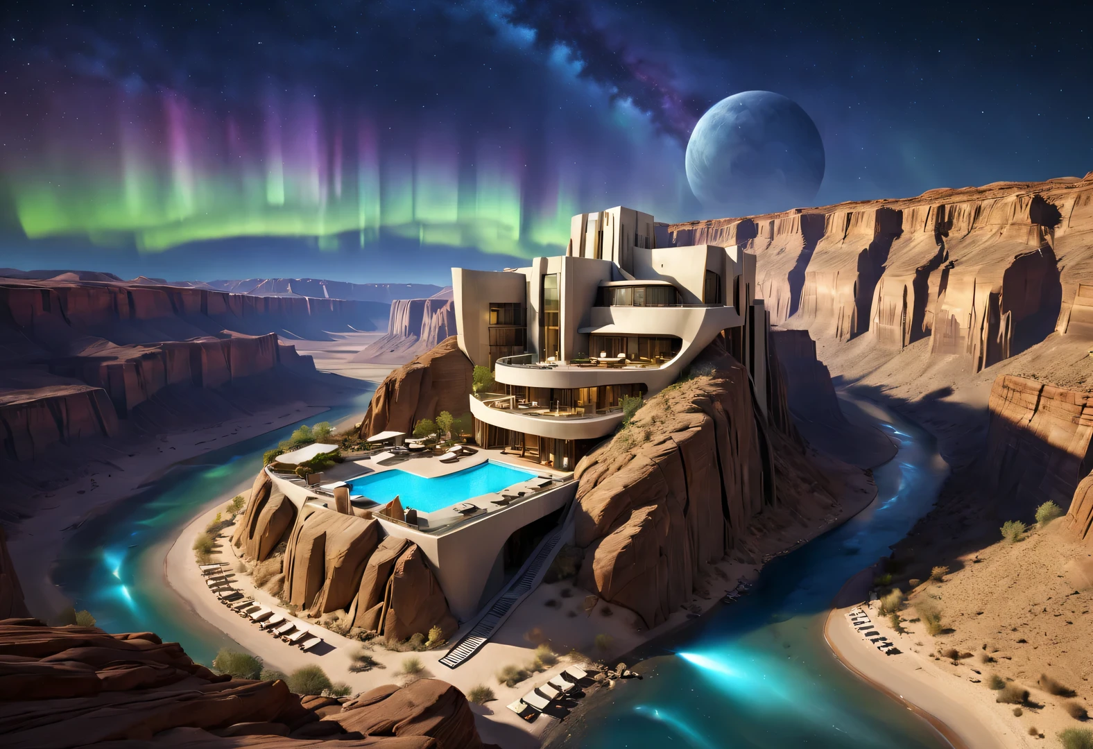 Towering desert canyon cliff resort wild luxury alien hotel volley design, steep and towering desert canyon, asymmetrical
and natural environment, desert canyon night, (aurora), stars, sky aurora bloom,,moonlight,extremely detailed, best quality, masterpiece, high resolution, Hyperrealistic, 8K, top-view,  high angle view,  low angle view,  by Oscar Niemeyer,by Frank Gehry,by Santiago Calatrava,