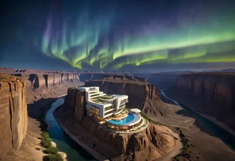 Towering desert canyon cliff resort wild luxury alien hotel volley design, steep and towering desert canyon, asymmetrical
and na...