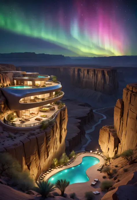 towering desert canyon cliff resort wild luxury alien hotel volley design, steep and towering desert canyon, asymmetrical
coexis...