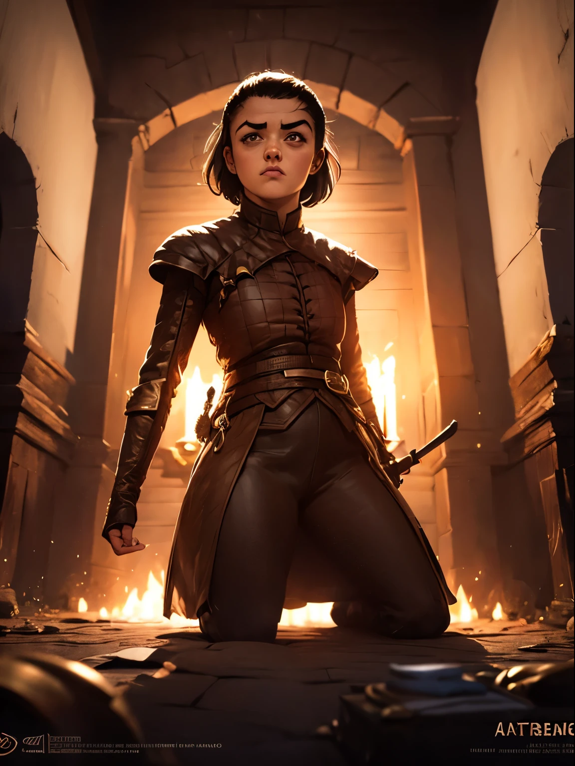 Kinoplakat, Zentrierte Kunst, Pornokunst, 1 Mädchen, Allein, ((Allein)), (((Nur ein Charakter))),  Arya Stark in dynamischer Pose, Das Spiel der Throne, Game of Thrones, Adobe-Illustration, Trends auf ArtStation, 8k, HDR , Masterteil, wunderschöne Kunst, komplizierte Details.