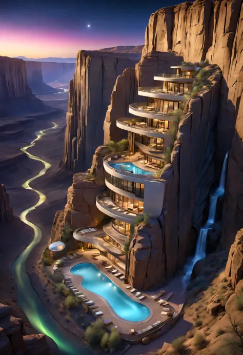 Towering steep and towering high desert canyon cliff resort wild luxury special-shaped hotel's volley design, asymmetric desert ...