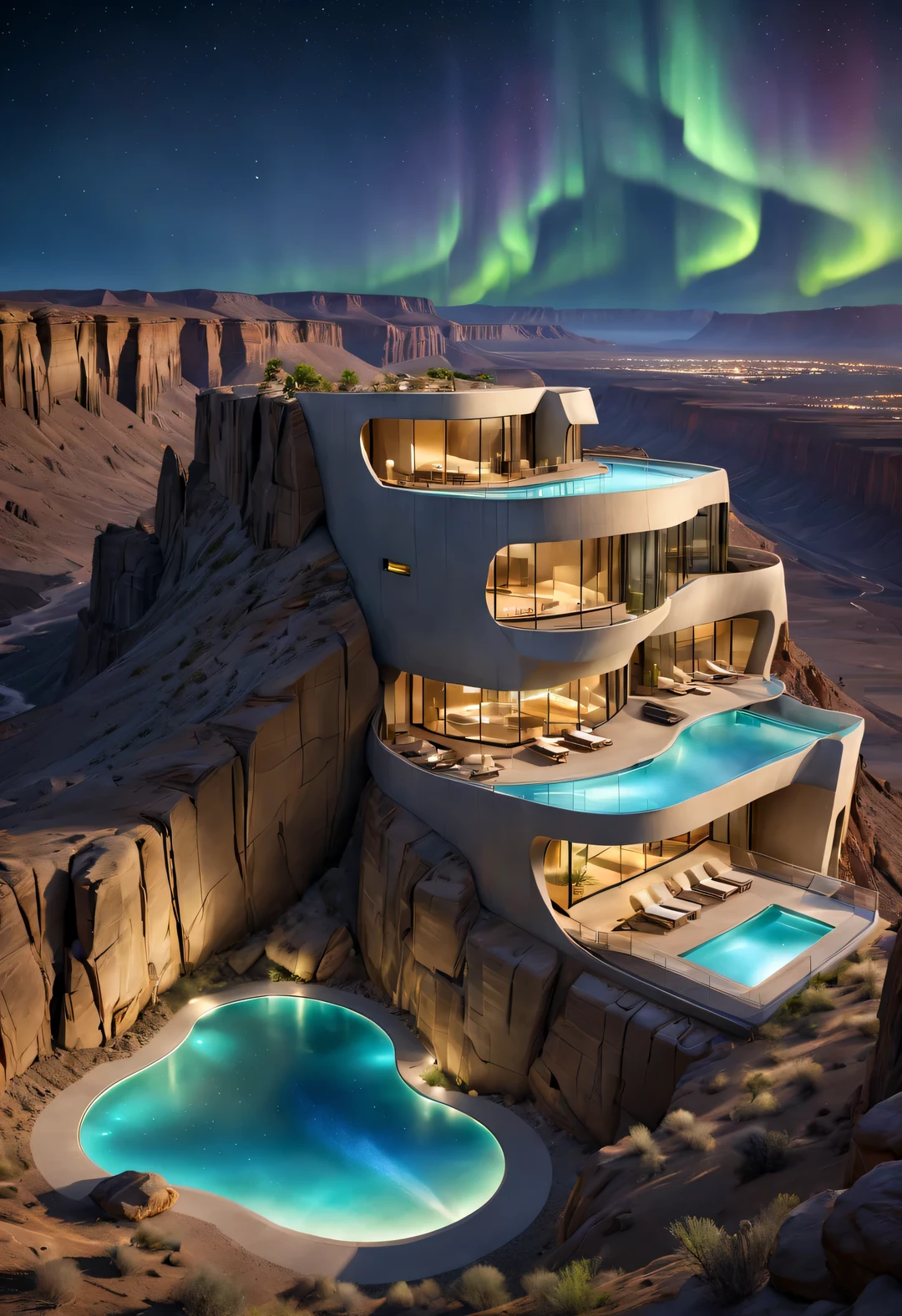 Towering steep and towering high desert canyon cliff resort wild luxury special-shaped hotel's volley design, asymmetric desert canyon,
Coexistence with the natural environment, desert canyon night, (aurora), stars, sky aurora bloom, meteors across,moonlight,extremely detailed, best quality, masterpiece, high resolution, Hyperrealistic, 8K, top-view,  high angle view,  low angle view,  by Oscar Niemeyer,by Frank Gehry,by Santiago Calatrava,by Tadao Ando,