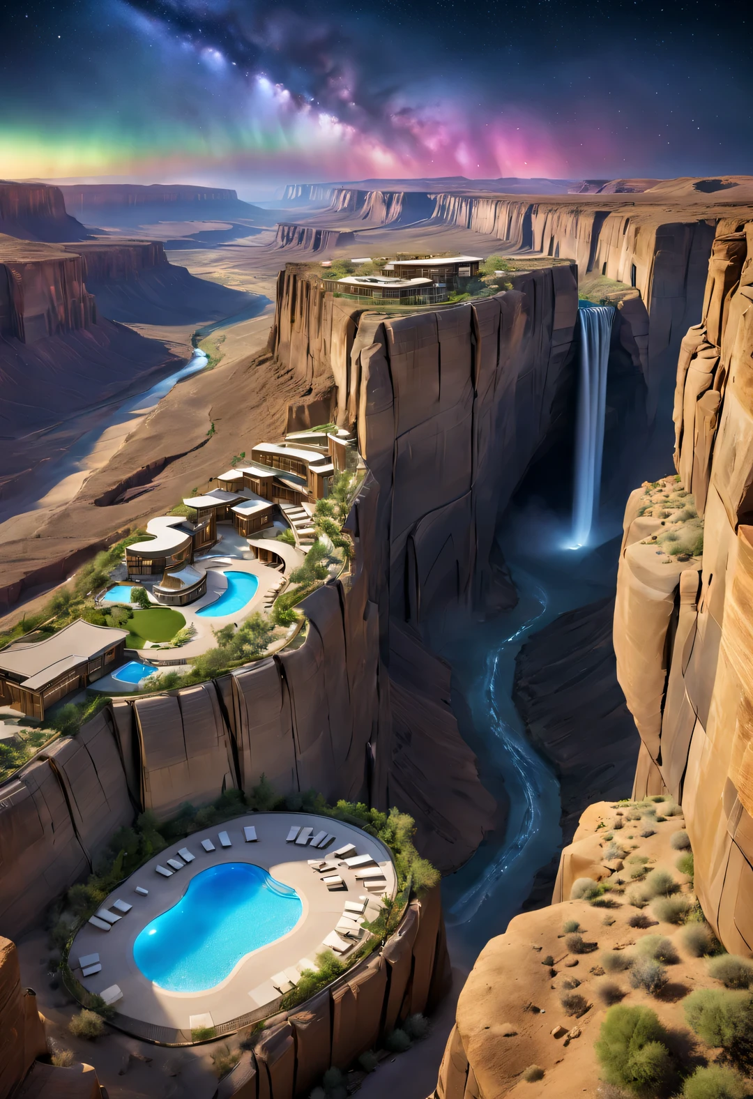 Towering steep and towering high desert canyon cliff resort wild luxury special-shaped hotel's volley design, asymmetric desert canyon,
Coexistence with the natural environment, desert canyon night, (aurora), stars, sky aurora bloom, meteors across,moonlight,extremely detailed, best quality, masterpiece, high resolution, Hyperrealistic, 8K, top-view,  high angle view,  low angle view,  by Oscar Niemeyer,by Frank Gehry,by Santiago Calatrava,by Tadao Ando,