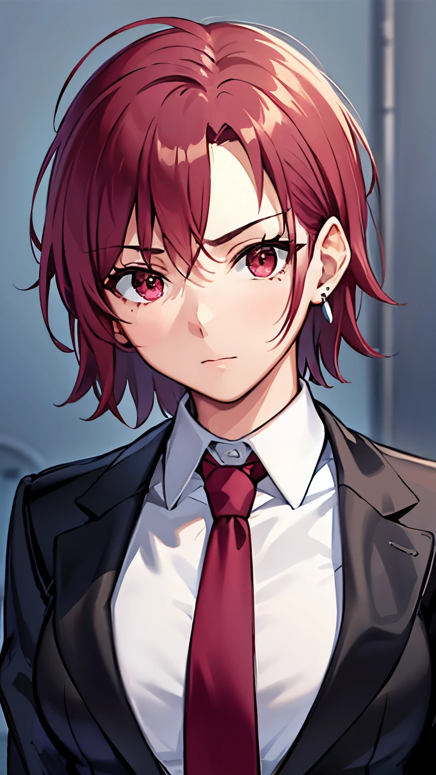 (masterpiece, best quality:1.2), bazett, fgo, 1girl, solo, short hair, red hair, bangs, red eyes,  large breasts, black gloves, formal suit, necktie, jacket, upper body, earrings, 