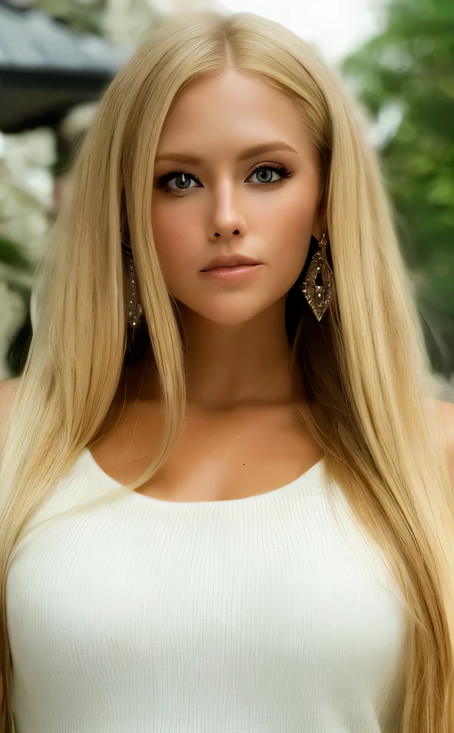 a close up of a woman with long blonde hair and earrings, blonde swedish woman, a gorgeous blonde, beautiful nordic woman, long blonde hair and large eyes, long blonde hair and blue eyes, long blonde hair and big eyes, blonde hair and large eyes, beautiful blonde girl, blonde goddess, beautiful blonde woman,  with long blonde hair, sleek blond hair