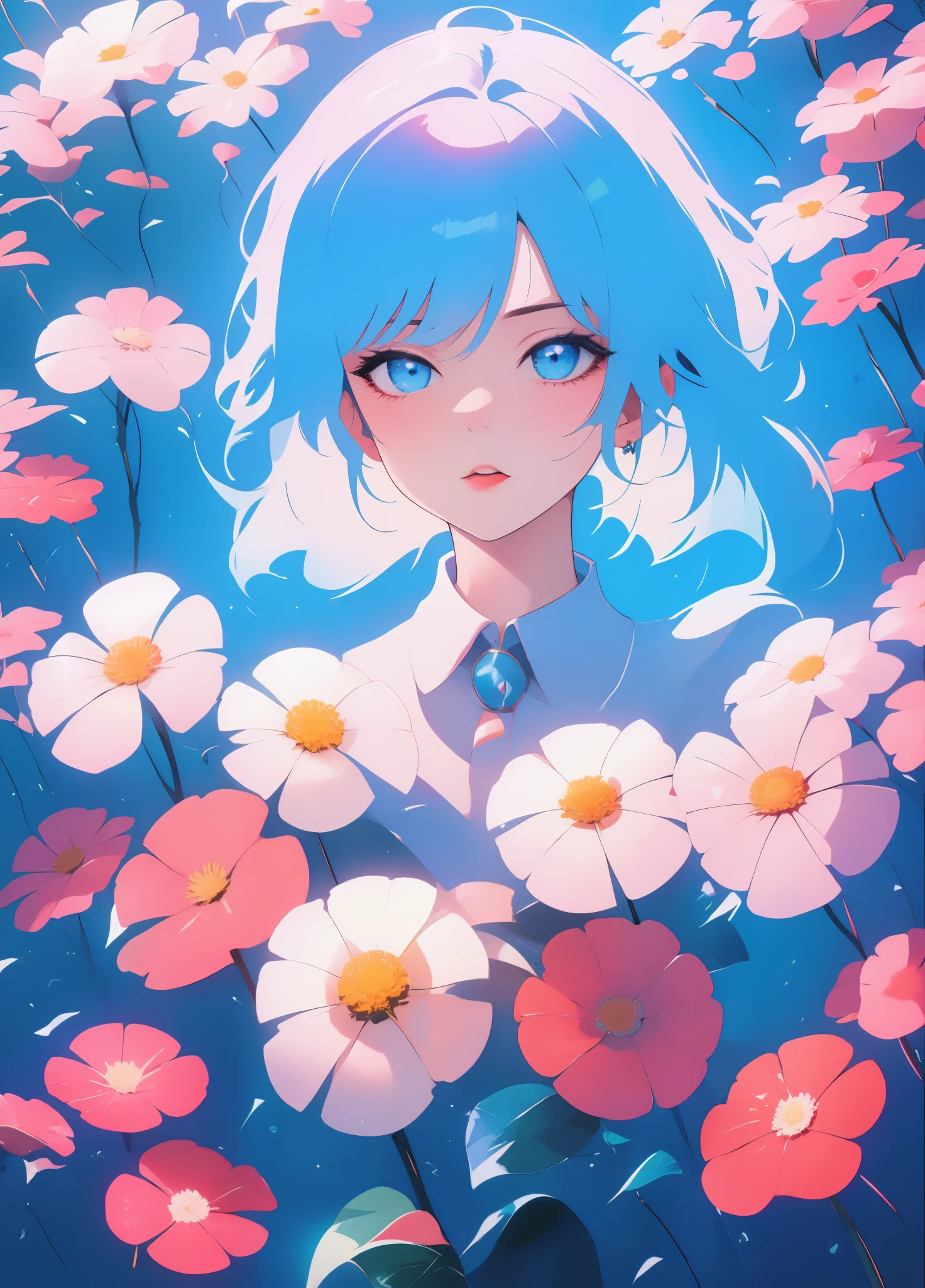 1 girl，small daisies。rich and colorful, blue sky,, mountains in the distance, HD details, Ultra-detailed, movie lighting, Surreal, soft light, Deep focus bokeh, Ray tracing, Surreal. , Art Station pixiv Gwise, Xinhai is sincere, artistic sprout