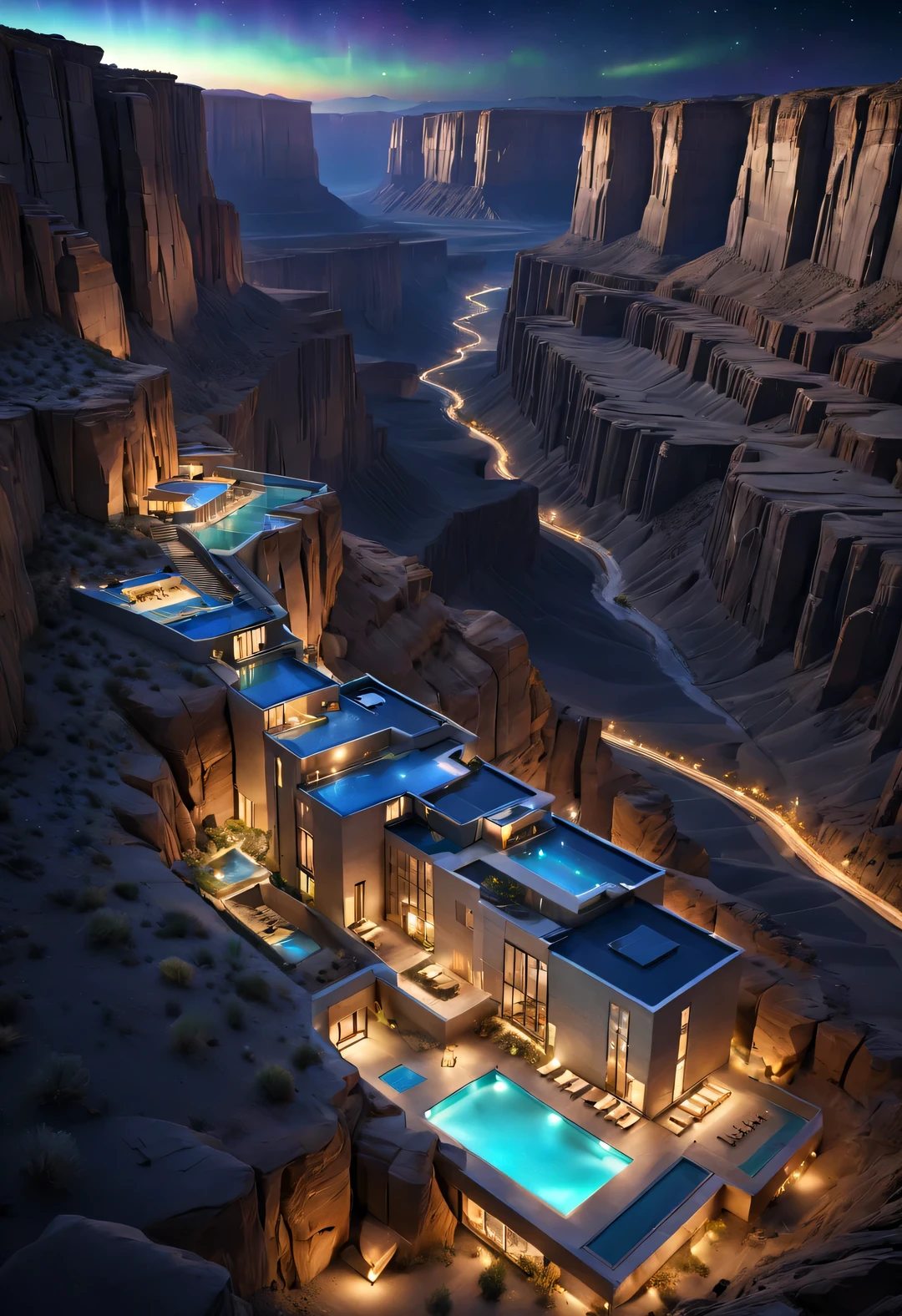 Hoch aufragendes steiles und hoch aufragendes Wüsten-Canyon-Klippen-Resort, wildes Luxus-Volleyball-Design des speziell geformten Hotels, asymmetrische Wüstenschlucht,
Koexistenz mit der natürlichen Umwelt, Wüstenschlucht Nacht, (Polarlicht), Sterne, sky Polarlicht bloom, Meteore über,Mondlicht,extrem detailliert, beste Qualität, Meisterwerk, hohe Auflösung, hyperrealistisch, 8K, Draufsicht,  erhöhte Ansicht,  Untersicht,  von Tadao Ando,blaue Farbpalette, Minimalismus, rustikal, 