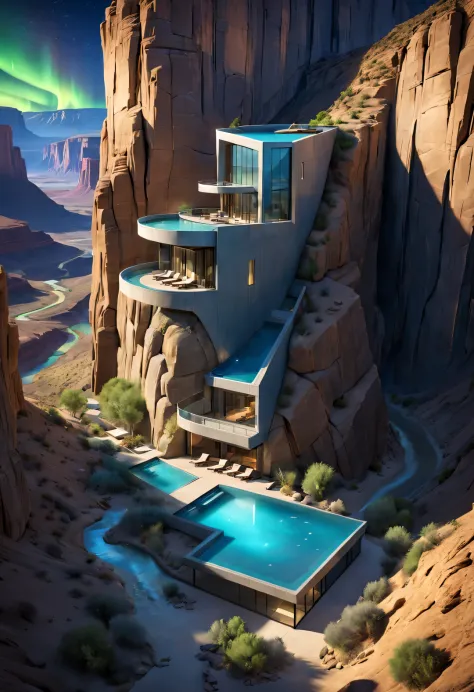 Towering steep and towering high desert canyon cliff resort wild luxury special-shaped hotel's volley design, asymmetric desert ...