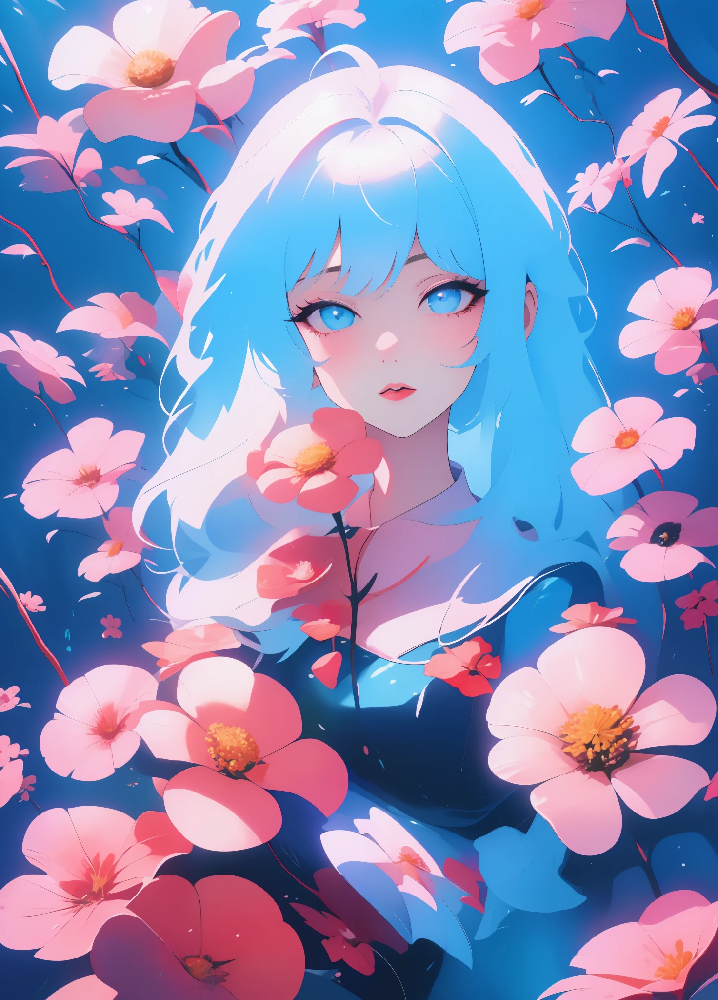 1 girl，small daisies。rich and colorful, blue sky,, mountains in the distance, HD details, Ultra-detailed, movie lighting, Surreal, soft light, Deep focus bokeh, Ray tracing, Surreal. , Art Station pixiv Gwise, Xinhai is sincere, artistic sprout