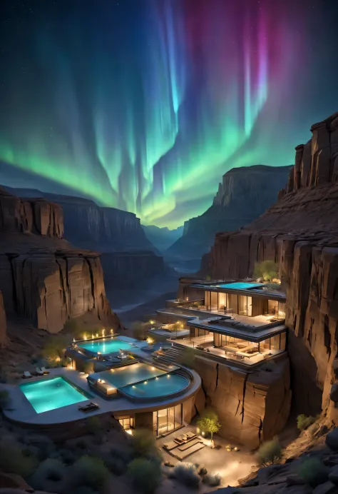 Towering precipitous towering desert canyon cliff resort wild luxury alien hotel volley design, (asymmetrical high and low canyo...