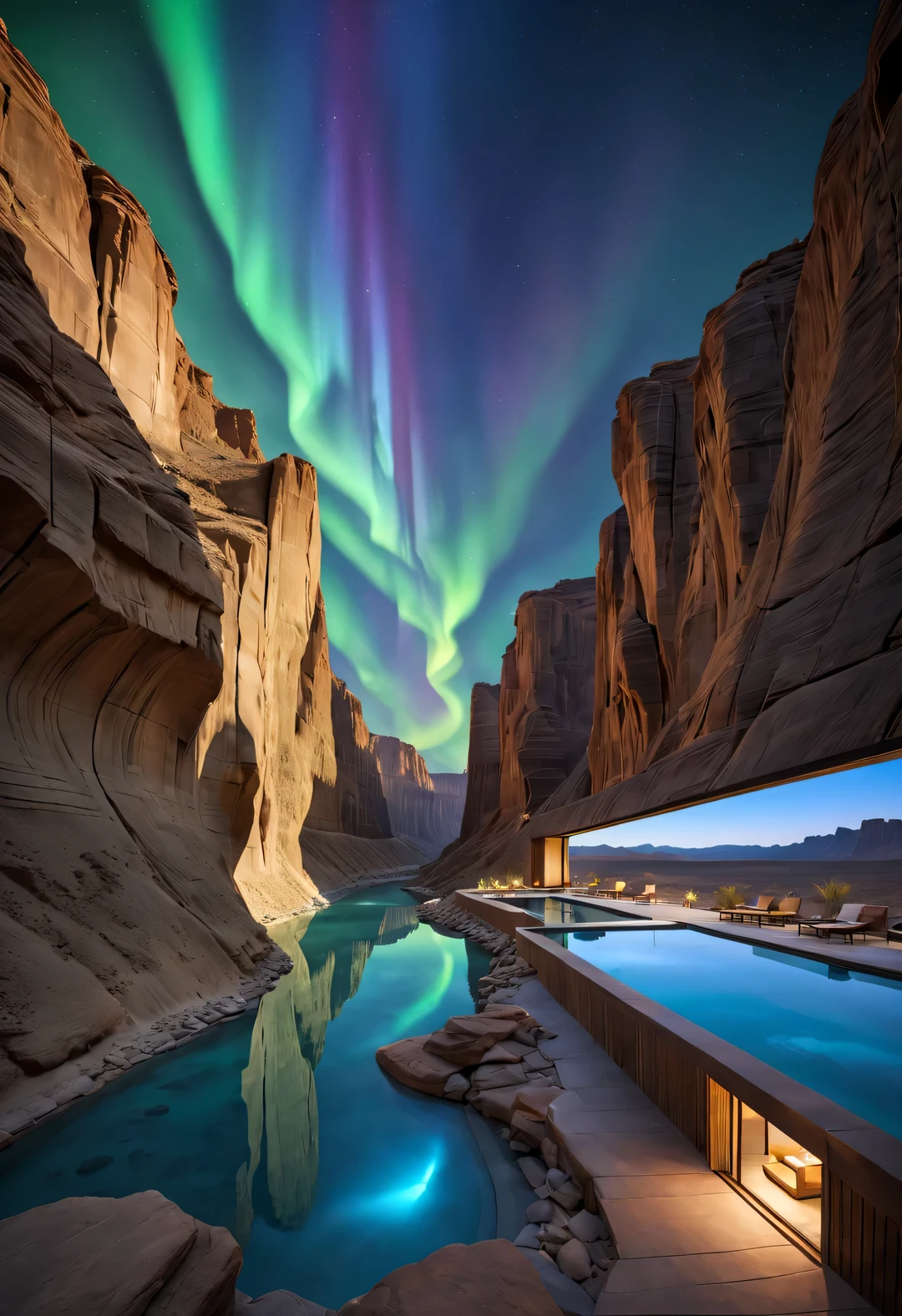 Hoher, steiler und hoch aufragender Wüstencanyon, Cliff, Erholungsort, wilde Luxus, Hotel mit speziellem Design (asymmetrischer hoher und tiefer Canyon), peculiar geological landform🗾The walls of the gorge are beautifully carved.
Koexistenz mit der natürlichen Umwelt, Wüstenschlucht Nacht, (Polarlicht), Sterne, sky Polarlicht bloom, Meteore über,Mondlicht,Extrem detailliert, beste Qualität, Meisterwerk, Hohe Auflösung, hyperrealistisch, 8K, Draufsicht,  erhöhte Ansicht,  Untersicht,  von Tadao Ando,blaue Farbpalette, Minimalismus, rustikal, 