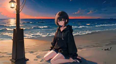 little girl, shorts, manner, polite, meditation, looking at the sea, short hair, black hair, sneaker, sand, white hoodie, sitting, beach, relax, night, moonlight, looking at the scenery, high res, ultrasharp, 8k, masterpiece