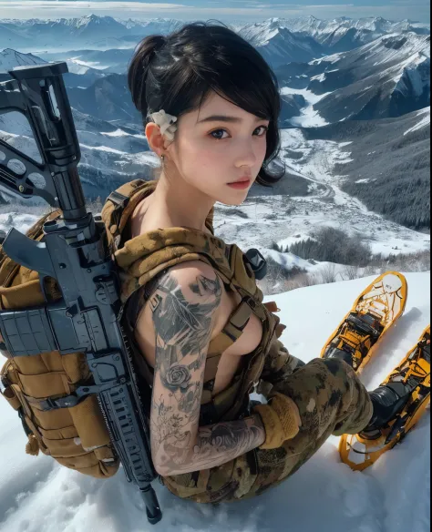 "(best quality,highres,masterpiece:1.2),photorealistic,snow-covered environment,cold winter day,realistic skin texture,longhaired girl with rosy cheeks,beautiful detailed eyes,warm winter coat,automatic rifle,tattoo on her arm,forest in the background"