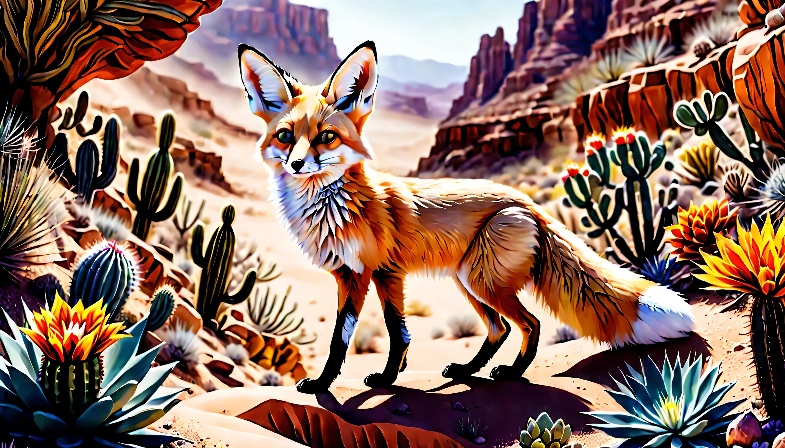 wide shot Desert Canyon illustration, midnight art, (((detail fennec fox:1.2))), cactus glass flower, natural lighting, dynamic angle, cinematic still, gouache, intricate detail, rich colored, dark fantasy and atompunk, insane, complexity theory, beauty fantasy topography, high contrast, highly quality, true masterpiece, insane and intricate detail rendering, stunning 32k rendering, beautiful detail glow, stylish atmosphere, intricate delicate brush stroke,