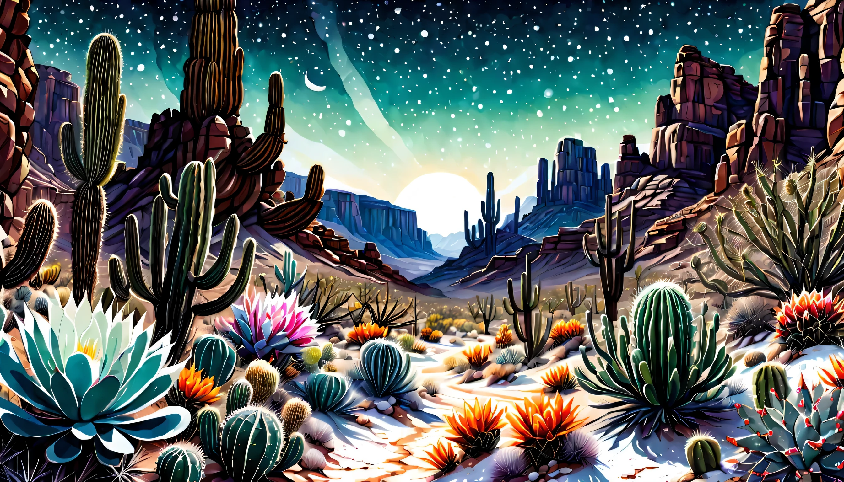 wide shot Desert Canyon illustration, midnight art, dim snow, cactus glass flower, natural lighting, dynamic angle, cinematic still, gouache, intricate detail, rich colored, dark fantasy and atompunk, insane, complexity theory, beauty fantasy topography, high contrast, highly quality, true masterpiece, insane and intricate detail rendering, stunning 32k rendering, beautiful detail glow, stylish atmosphere, intricate delicate brush stroke,