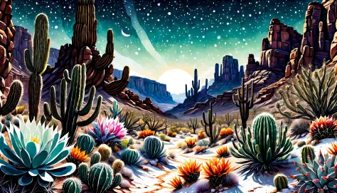 wide shot Desert Canyon illustration, midnight art, dim snow, cactus glass flower, natural lighting, dynamic angle, cinematic st...