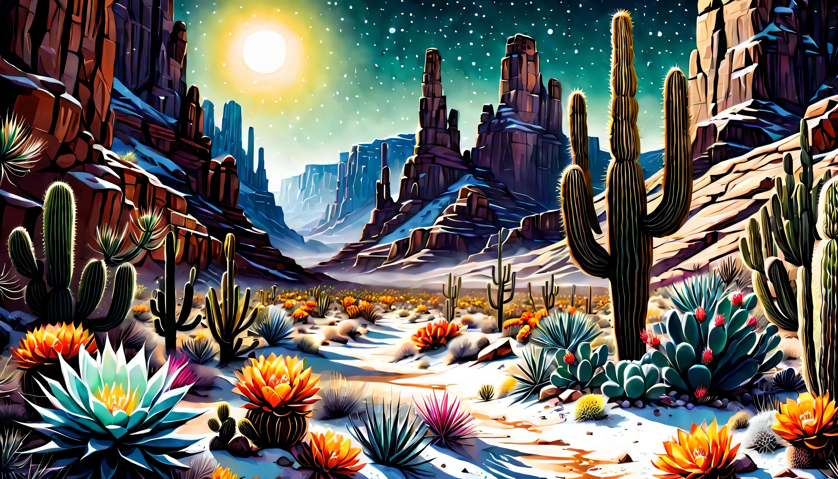 Illustration du Canyon du Désert, plan large, art de minuit, faible neige, fleur de verre de cactus, éclairage naturel, Angle dynamique, image cinématographique, gouache, détail complexe, riche en couleurs, dark fantasy et atompunk, fou, théorie de la complexité, topographie fantastique de beauté, Contraste élevé, de haute qualité, véritable chef-d&#39;œuvre, fou and détail complexe rendering, Rendu 32k époustouflant, belle lueur de détail, ambiance élégante, coup de pinceau délicat et complexe,